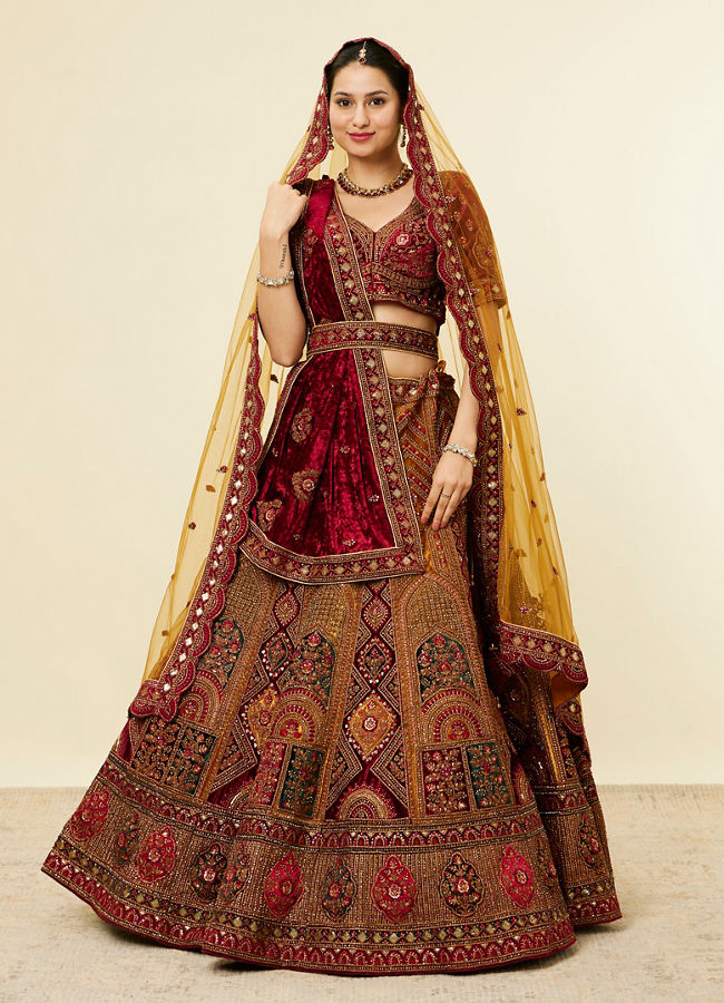 alt message - Mohey Women Mustard Yellow Maroon Buta Motif Lehenga image number 0